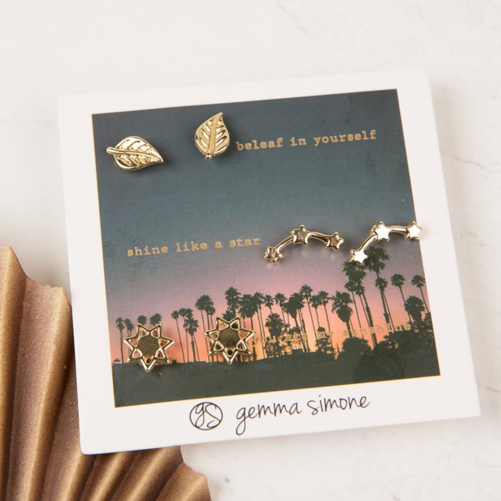 New Gemma Simone 14kt Gold Plated Sun, Stars & Leaf Earrings